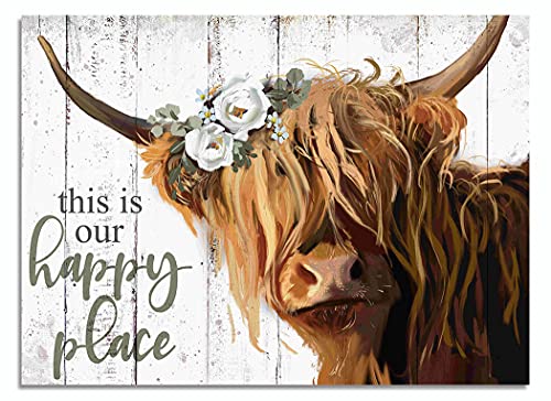 Highland Cow Wall Art - This Is Our Happy Place Inspirational Canvas Poster for Home - Long Haired Scottish Cow with White Flower Picture Farmhouse Kitchen Decor Framed (10"x15")