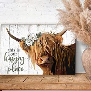 Highland Cow Wall Art - This Is Our Happy Place Inspirational Canvas Poster for Home - Long Haired Scottish Cow with White Flower Picture Farmhouse Kitchen Decor Framed (10"x15")