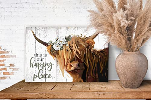 Highland Cow Wall Art - This Is Our Happy Place Inspirational Canvas Poster for Home - Long Haired Scottish Cow with White Flower Picture Farmhouse Kitchen Decor Framed (10"x15")