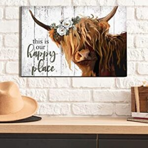 Highland Cow Wall Art - This Is Our Happy Place Inspirational Canvas Poster for Home - Long Haired Scottish Cow with White Flower Picture Farmhouse Kitchen Decor Framed (10"x15")