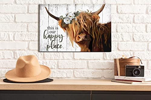 Highland Cow Wall Art - This Is Our Happy Place Inspirational Canvas Poster for Home - Long Haired Scottish Cow with White Flower Picture Farmhouse Kitchen Decor Framed (10"x15")