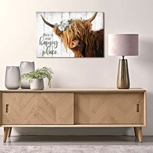 Highland Cow Wall Art - This Is Our Happy Place Inspirational Canvas Poster for Home - Long Haired Scottish Cow with White Flower Picture Farmhouse Kitchen Decor Framed (10"x15")