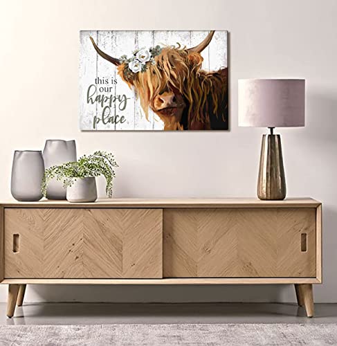 Highland Cow Wall Art - This Is Our Happy Place Inspirational Canvas Poster for Home - Long Haired Scottish Cow with White Flower Picture Farmhouse Kitchen Decor Framed (10"x15")