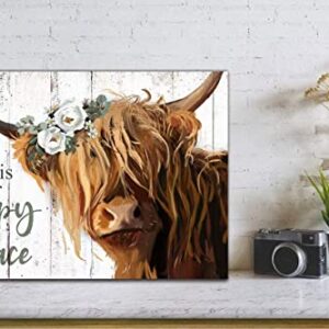 Highland Cow Wall Art - This Is Our Happy Place Inspirational Canvas Poster for Home - Long Haired Scottish Cow with White Flower Picture Farmhouse Kitchen Decor Framed (10"x15")