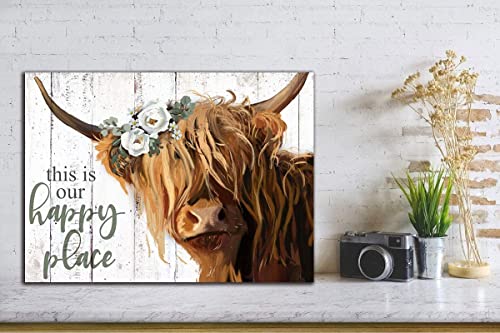 Highland Cow Wall Art - This Is Our Happy Place Inspirational Canvas Poster for Home - Long Haired Scottish Cow with White Flower Picture Farmhouse Kitchen Decor Framed (10"x15")