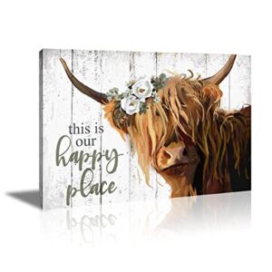 Highland Cow Wall Art - This Is Our Happy Place Inspirational Canvas Poster for Home - Long Haired Scottish Cow with White Flower Picture Farmhouse Kitchen Decor Framed (10"x15")