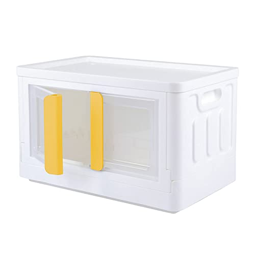 Lucky Monet Double Doors Clear Plastic Storage Bin with Lid Wheels 32 Liters Collapsible Storage Box Stackable Container Organizer Cat Dog House for Home Office Closet Car Trunk (Yellow)