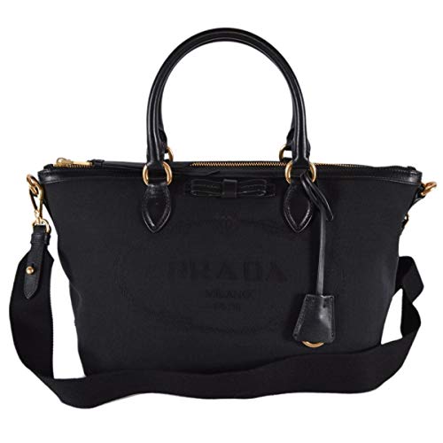 Prada Womens Logo Jacquard Black Canvas Satchel Crossbody Bag 1BA104