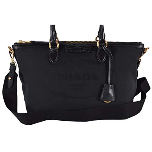 Prada Womens Logo Jacquard Black Canvas Satchel Crossbody Bag 1BA104