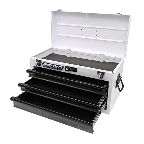 Boxo USA Hand Carry Tool Box 3-Drawer Heavy Duty Steel Toolbox with Lock System (White)