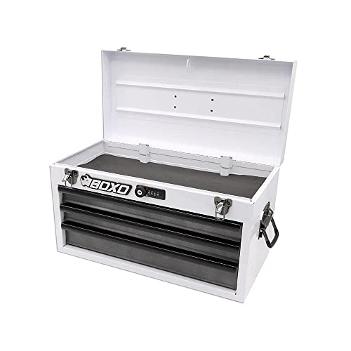 Boxo USA Hand Carry Tool Box 3-Drawer Heavy Duty Steel Toolbox with Lock System (White)