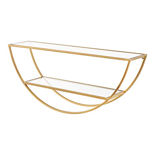 Kate and Laurel Tancill Modern Wall Shelf, 26 x 11, Gold with Clear Glass, Chic Two-Tier Half-Circle Shelf for Wall