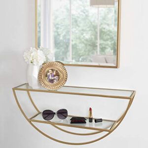 Kate and Laurel Tancill Modern Wall Shelf, 26 x 11, Gold with Clear Glass, Chic Two-Tier Half-Circle Shelf for Wall