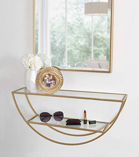 Kate and Laurel Tancill Modern Wall Shelf, 26 x 11, Gold with Clear Glass, Chic Two-Tier Half-Circle Shelf for Wall