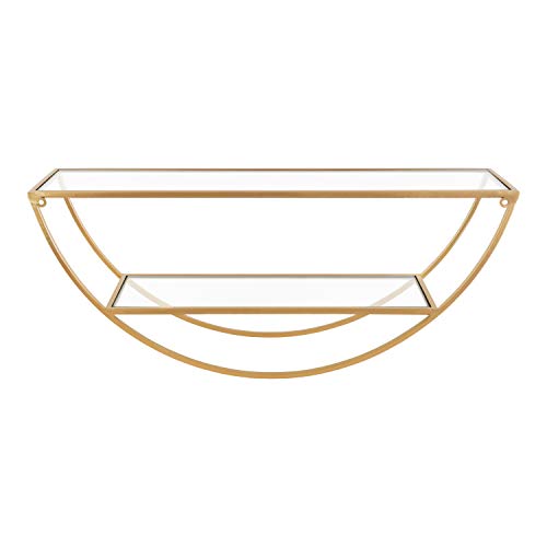 Kate and Laurel Tancill Modern Wall Shelf, 26 x 11, Gold with Clear Glass, Chic Two-Tier Half-Circle Shelf for Wall