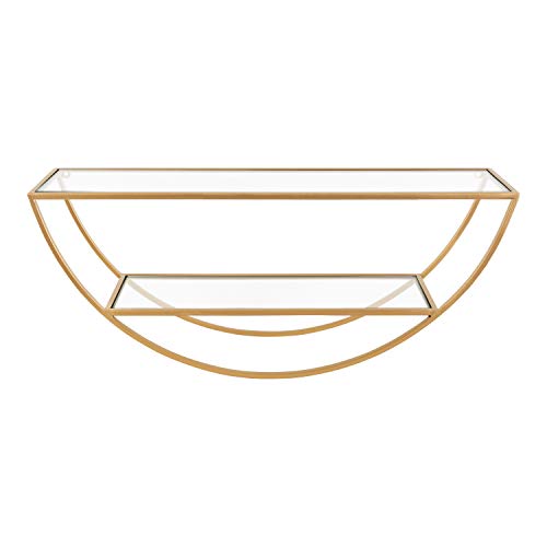 Kate and Laurel Tancill Modern Wall Shelf, 26 x 11, Gold with Clear Glass, Chic Two-Tier Half-Circle Shelf for Wall