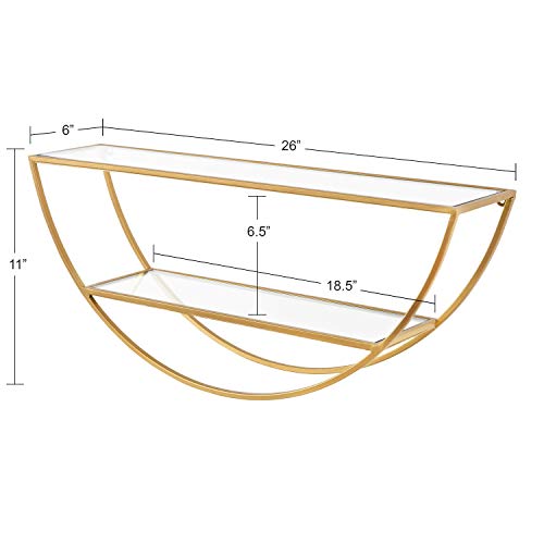 Kate and Laurel Tancill Modern Wall Shelf, 26 x 11, Gold with Clear Glass, Chic Two-Tier Half-Circle Shelf for Wall