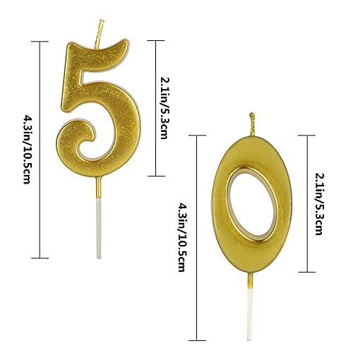 Gold 50th Birthday Candles for Cake, Number 50 Glitter Candle Party Anniversary Cakes Decoration for Women or Men