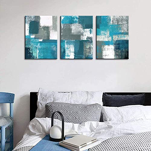 Abstract Wall Art for Living Room Wall Decor 3 Piece Blue Teal Modern Paintings Canvas Prints Framed Living Room Ready To Hang for Bathroom Bedroom Kitchen Office Boho Grey White Teal Artwork 12x16