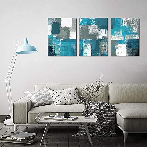 Abstract Wall Art for Living Room Wall Decor 3 Piece Blue Teal Modern Paintings Canvas Prints Framed Living Room Ready To Hang for Bathroom Bedroom Kitchen Office Boho Grey White Teal Artwork 12x16