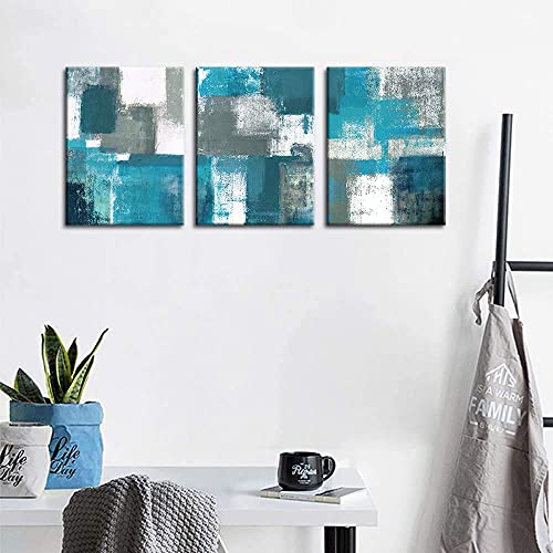 Abstract Wall Art for Living Room Wall Decor 3 Piece Blue Teal Modern Paintings Canvas Prints Framed Living Room Ready To Hang for Bathroom Bedroom Kitchen Office Boho Grey White Teal Artwork 12x16