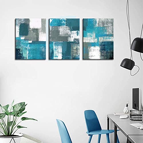 Abstract Wall Art for Living Room Wall Decor 3 Piece Blue Teal Modern Paintings Canvas Prints Framed Living Room Ready To Hang for Bathroom Bedroom Kitchen Office Boho Grey White Teal Artwork 12x16