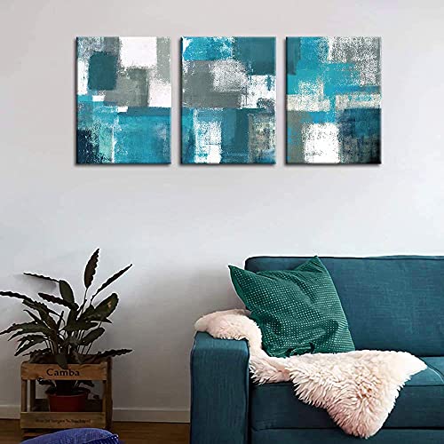 Abstract Wall Art for Living Room Wall Decor 3 Piece Blue Teal Modern Paintings Canvas Prints Framed Living Room Ready To Hang for Bathroom Bedroom Kitchen Office Boho Grey White Teal Artwork 12x16