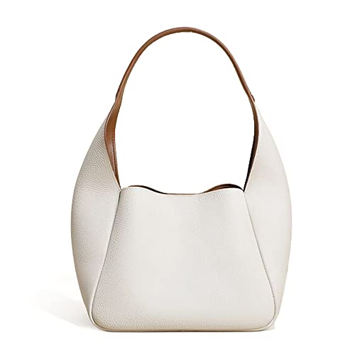 Genuine Leather Handbag for Women Fashion Tote Bag Small Bucket Bags Ladies Hobo Purse Simple & Cute Design (Off White)