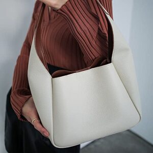 Genuine Leather Handbag for Women Fashion Tote Bag Small Bucket Bags Ladies Hobo Purse Simple & Cute Design (Off White)