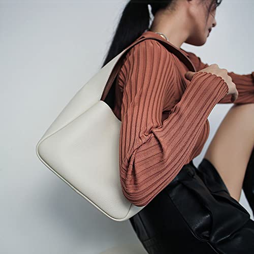 Genuine Leather Handbag for Women Fashion Tote Bag Small Bucket Bags Ladies Hobo Purse Simple & Cute Design (Off White)