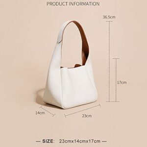 Genuine Leather Handbag for Women Fashion Tote Bag Small Bucket Bags Ladies Hobo Purse Simple & Cute Design (Off White)