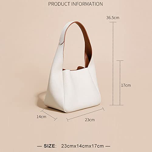 Genuine Leather Handbag for Women Fashion Tote Bag Small Bucket Bags Ladies Hobo Purse Simple & Cute Design (Off White)