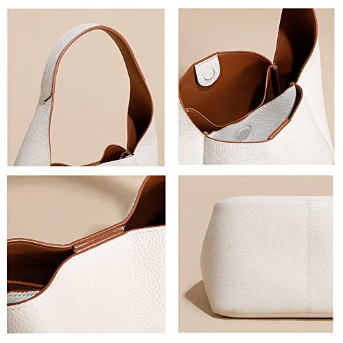 Genuine Leather Handbag for Women Fashion Tote Bag Small Bucket Bags Ladies Hobo Purse Simple & Cute Design (Off White)