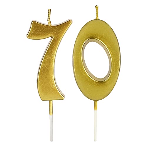 Gold 70th Birthday Candles for Cake, Number 70 Glitter Candle Party Anniversary Cakes Decoration for Women or Men