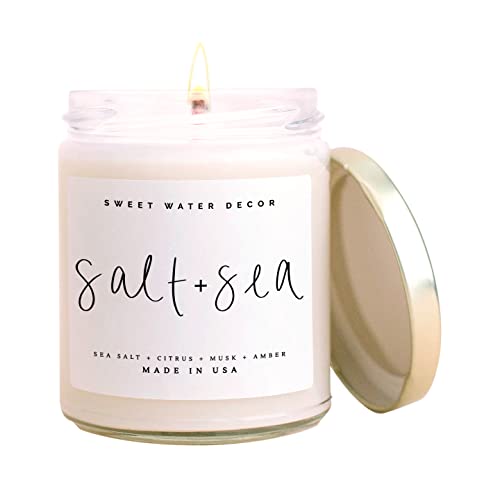 Sweet Water Decor Salt and Sea Candle | Sea Salt, Citrus, Amber, Musk, Beach Scented Soy Candles for Home | 9oz Clear Jar, 40 Hour Burn Time, Made in The USA