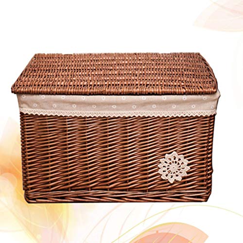 Cosmetic Box Wicker Storage Basket with Lid Woven Box Laundry Organizer Bins Rectangular Seagrass Baskets for Storage Decoration Picnic Groceries Toy Storage Rattan Basket