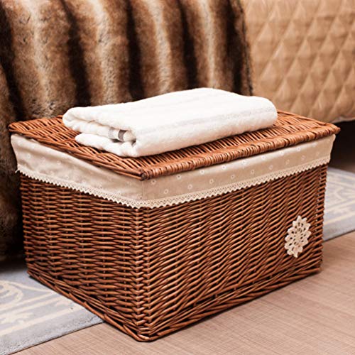 Cosmetic Box Wicker Storage Basket with Lid Woven Box Laundry Organizer Bins Rectangular Seagrass Baskets for Storage Decoration Picnic Groceries Toy Storage Rattan Basket