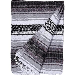dwc authentic mexican black-gray blanket -yoga matt – falsa – serape – camping, picnic, beach blanket, bedding, car blanket, saddle blanket, soft woven home decor (black-gray color)