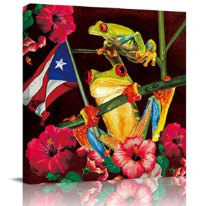 canvas painting wall decor-frog puerto rico flag vivid floral,wall art print paintings for home/living room/bedroom decor single panel 12x12inches