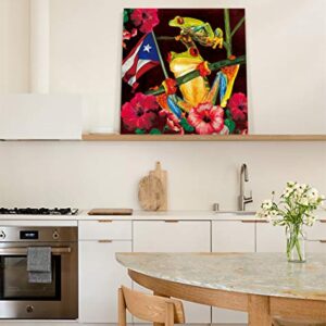 Canvas Painting Wall Decor-Frog Puerto Rico Flag Vivid Floral,Wall Art Print Paintings for Home/Living Room/Bedroom Decor Single Panel 12x12Inches