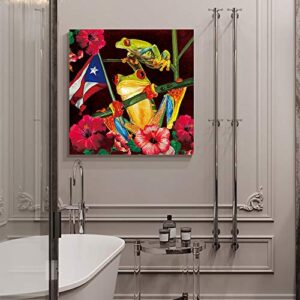 Canvas Painting Wall Decor-Frog Puerto Rico Flag Vivid Floral,Wall Art Print Paintings for Home/Living Room/Bedroom Decor Single Panel 12x12Inches