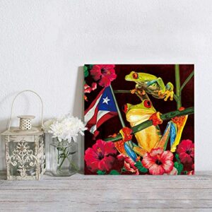 Canvas Painting Wall Decor-Frog Puerto Rico Flag Vivid Floral,Wall Art Print Paintings for Home/Living Room/Bedroom Decor Single Panel 12x12Inches