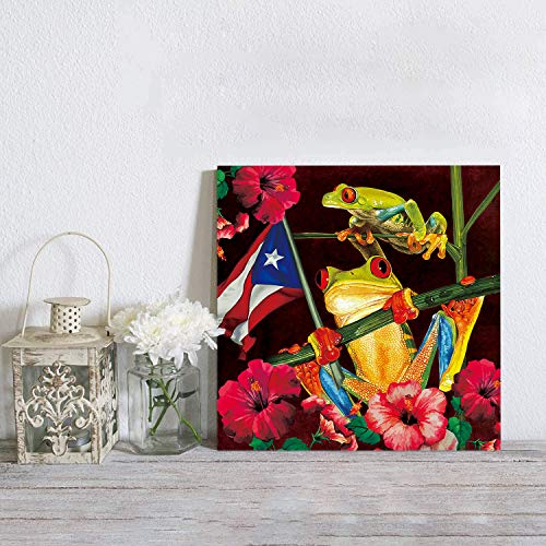 Canvas Painting Wall Decor-Frog Puerto Rico Flag Vivid Floral,Wall Art Print Paintings for Home/Living Room/Bedroom Decor Single Panel 12x12Inches