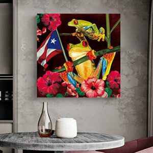 Canvas Painting Wall Decor-Frog Puerto Rico Flag Vivid Floral,Wall Art Print Paintings for Home/Living Room/Bedroom Decor Single Panel 12x12Inches