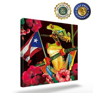 Canvas Painting Wall Decor-Frog Puerto Rico Flag Vivid Floral,Wall Art Print Paintings for Home/Living Room/Bedroom Decor Single Panel 12x12Inches