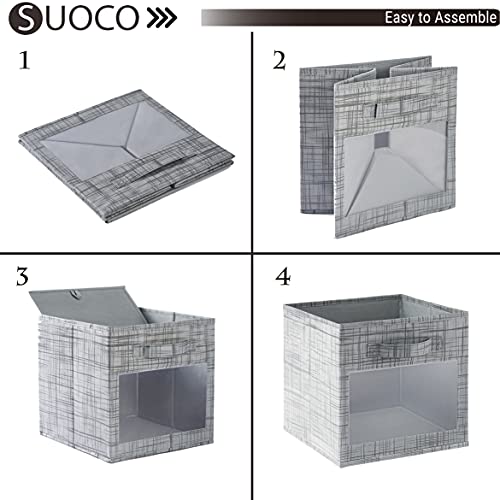 SUOCO Cube Storage Bins with Clear Window, Foldable Fabric Baskets Boxes for Shelf Closet Organizer, Nursery and Kids Room, 8 Pack, Grey