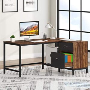tribesigns reversible l shaped desk with file storage drawer, 55 inch industrial wood and metal study corner desk, office writing workstation with shelves and hanging file cabinet for home office