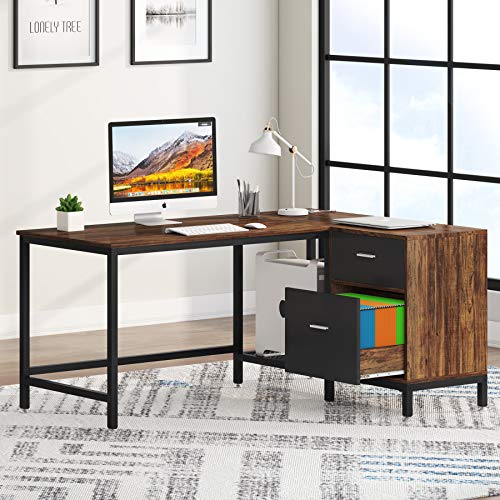 Tribesigns Reversible L Shaped Desk with File Storage Drawer, 55 Inch Industrial Wood and Metal Study Corner Desk, Office Writing Workstation with Shelves and Hanging File Cabinet for Home Office