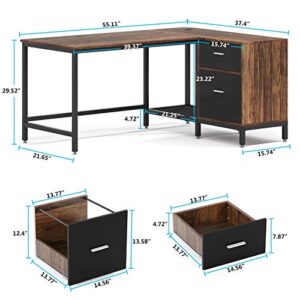 Tribesigns Reversible L Shaped Desk with File Storage Drawer, 55 Inch Industrial Wood and Metal Study Corner Desk, Office Writing Workstation with Shelves and Hanging File Cabinet for Home Office