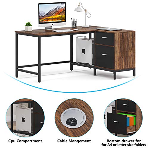 Tribesigns Reversible L Shaped Desk with File Storage Drawer, 55 Inch Industrial Wood and Metal Study Corner Desk, Office Writing Workstation with Shelves and Hanging File Cabinet for Home Office